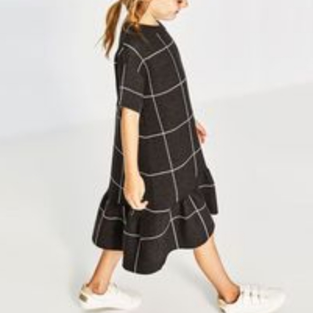 Zara Knitwear Fancy Collection Black Grid Ruffled High Low Dress - Size 9